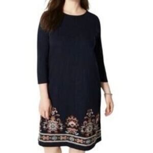 J. Jill Navy Embroidered 3/4 Sleeve Shirt Dress